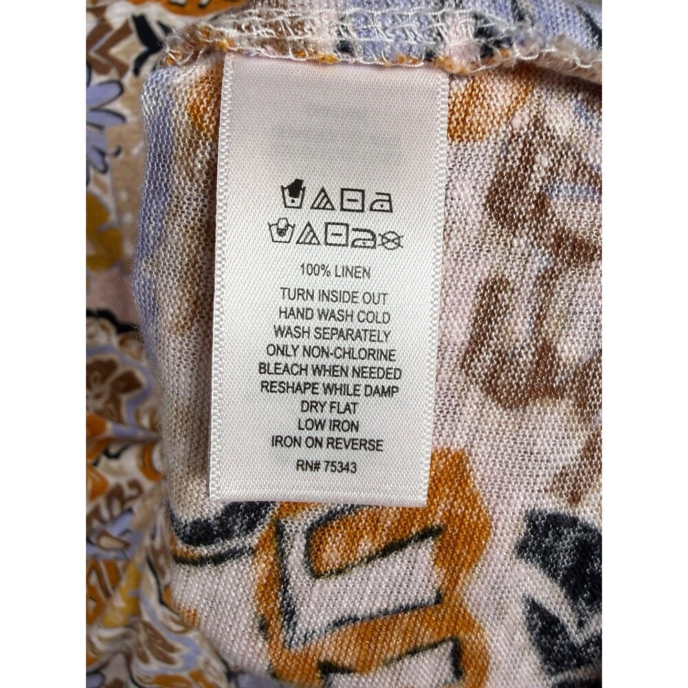 NICOLE MILLER 100% Linen Shirt Women’s L Orange Lavender Brown Boho Floral Retro - Picture 7 of 9